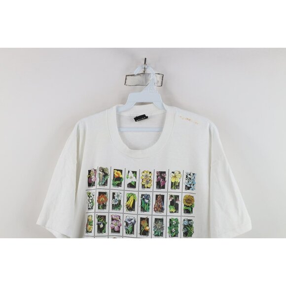 Vtg 90s Streetwear Womens XL Distressed USPS Postage Stamps Flower T-Shirt USA - Picture 2 of 16